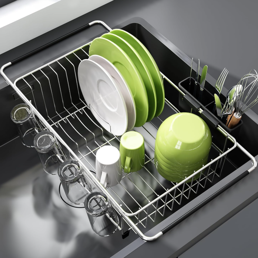 Extendable sink dish rack, stainless steel household countertop storage rack, multi-functional dish rack with tableware storage